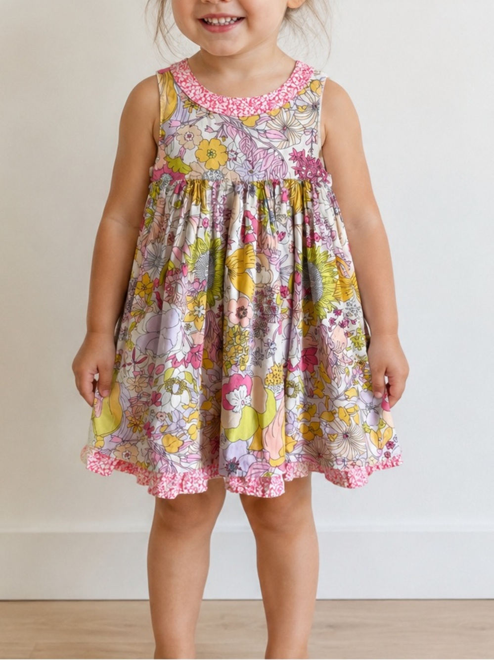 Liberty of London Phoebe Pink & Yellow Floral Cotton Sleeveless Dress Size 3T